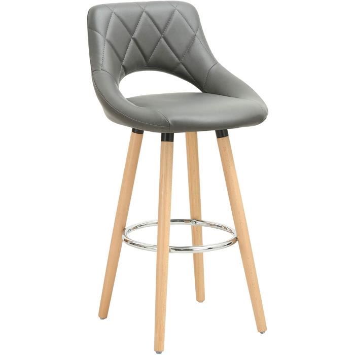 WOLTU Tabouret de bar en Cuir synthétique et bois massif avec dossier et repose-pieds Gris