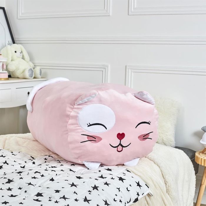 Peluche Chat Long Ultra Douce 60 Cm - Coussin Câlin, Oreiller Corporel Kawaii, Rose, Yeux Ronds, Pour Enfants Et Adultes - 6