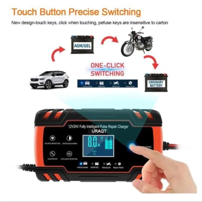 RJTianye Chargeur de batterie de voiture intelligent 12V 8A avec écran