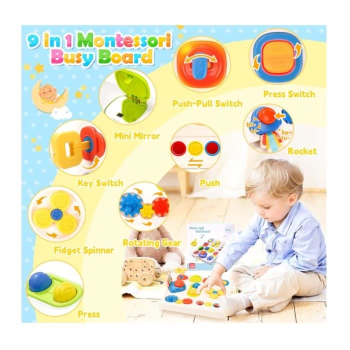 Busy Board Montessori – Tableau D’activités En Bois Avec 10 Interrupteurs Et 23 LED – Jouet Sensoriel Et Motricité Dès 1 An