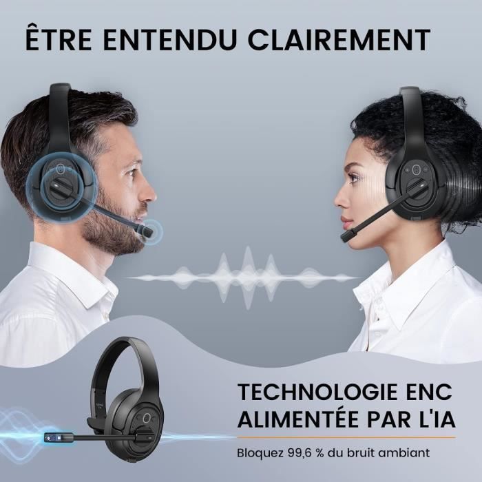 TECKNET Casque Bluetooth sans fil avec microphone antibruit pour