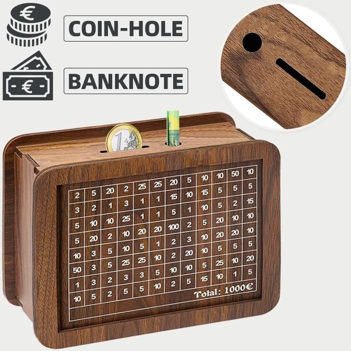 Tirelire Bois Gravée 5000€ - Réutilisable Avec Marqueur - Épargne Objectif Adultes/enfants - Déco Vintage Boite Economie