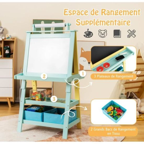 Chevalet Double Face Enfant – Blanc Magnétique + Noir – Avec Rangements – Accessoires Inclus – DREAMADE
