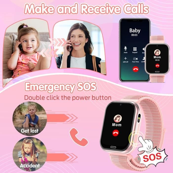Montre Connectée Enfant 4-12 Ans - Appels SOS, 19 Jeux, Appareil Photo - Smartwatch Téléphone Rose