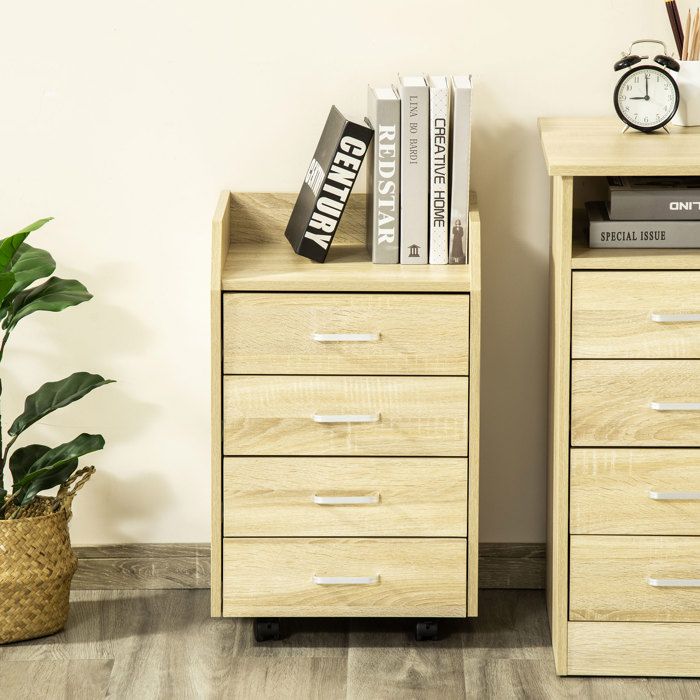 Vinsetto Commode Bureau 3 Tiroirs + 4 Étagères – Meuble Rangement à Roulettes – Blanc – 40x30x83 Cm – Idéal Bureau & Étude