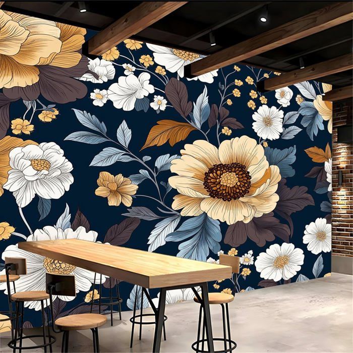 Papier Peint 3D Bleu Foncé Panoramique Fleur Marguerite Fleurs Fresque ...