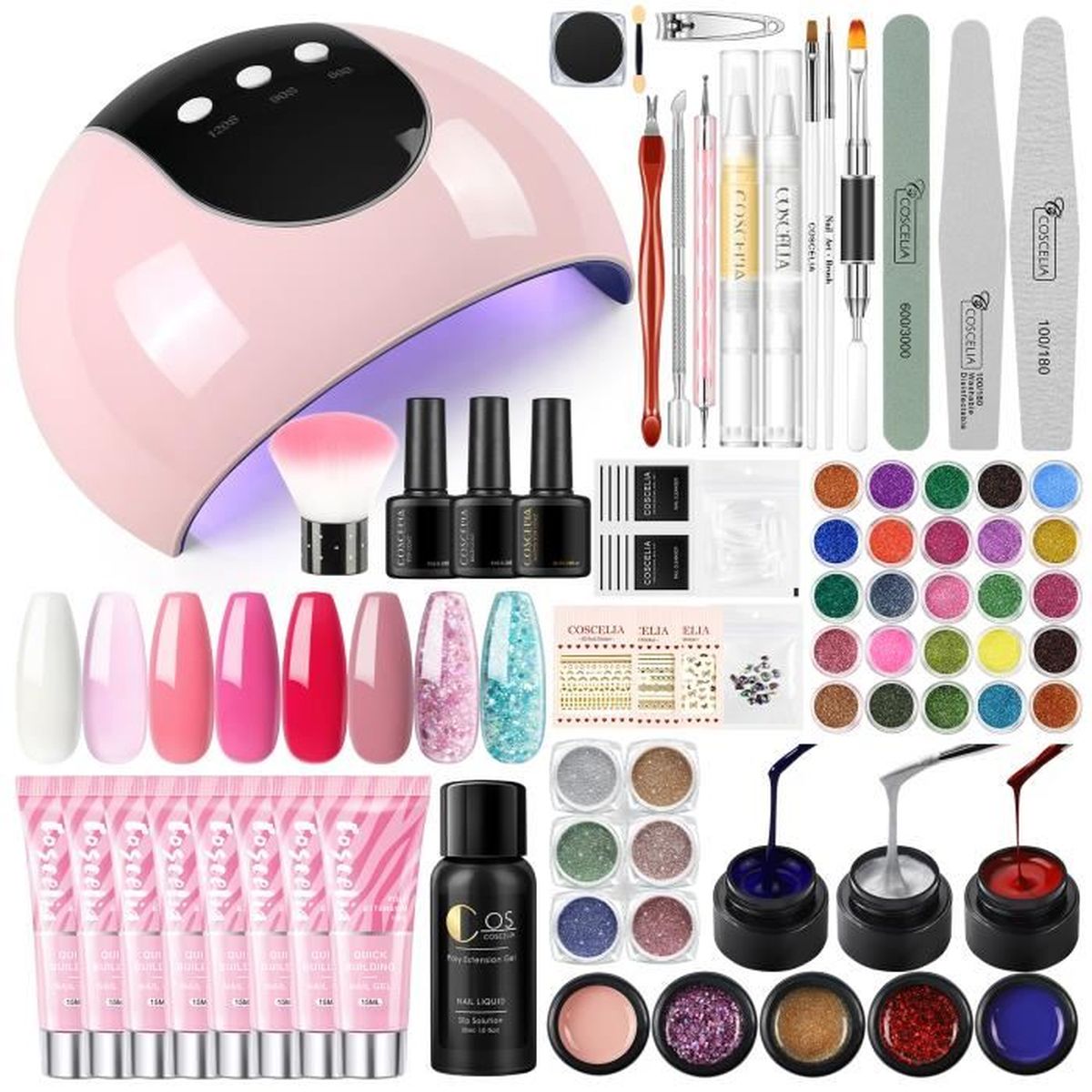 COSCELIA Vernis à Ongles Kit avec Poudre Acrylique Paillettes Strass Manucure Coffret Nail Lampe