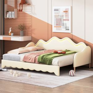 SOMMIER Lit rembourré 90(180)*190cm,canapé-lit multifonction 2 en 1,lit enfant en simili cuir avec éclairage LED,beige