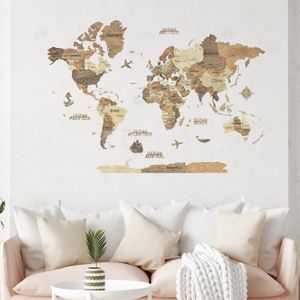 Toile carte du monde effet bois