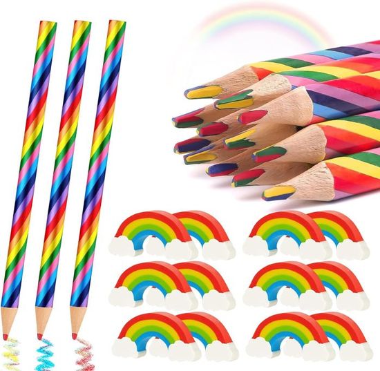 Lot 24 Crayons Arc-en-Ciel 4 En 1 + Gommes - Crayons Multicolores Pour Enfants Dessin Et Coloriage