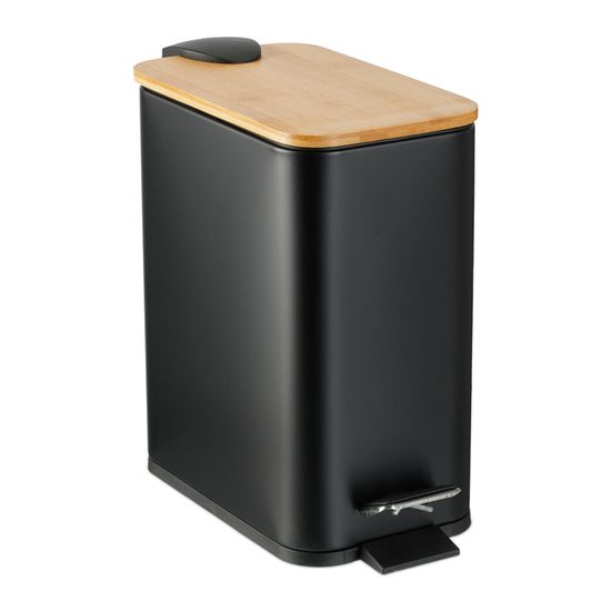 Relaxdays Poubelle Salle De Bain 5L Noire - Bambou & Métal - Pédale Silencieuse + 25 Sacs Offerts