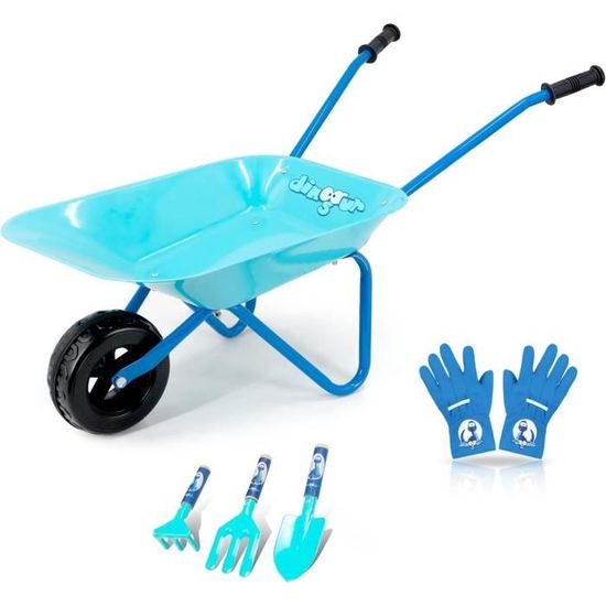 Colwelt Brouette en métal 5 pièces pour enfants avec pelle, râteau, fourchette et gants pour