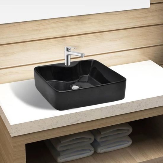🐣6109Lavabo Vasque à poser Salle de Bain Lave Main Haut de Gamme carré à trou pour robinet - Noir pour salle de bain