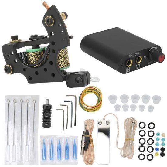 Kit Machine à Tatouer Rotative Débutant/Pro - Avec Encre, Aiguilles, Peau D'Entraînement (Noir)