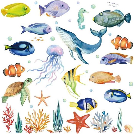 Stickers Muraux Sous-marins Pour Enfants - Autocollants Animaux Marins (poissons, Méduses, Dauphins) - Déco Chambre, Salle De Bain