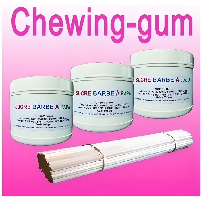 Lot de 3 pots de Sucre barbe à papa Chewing-gum 500g + 100 Bâtons