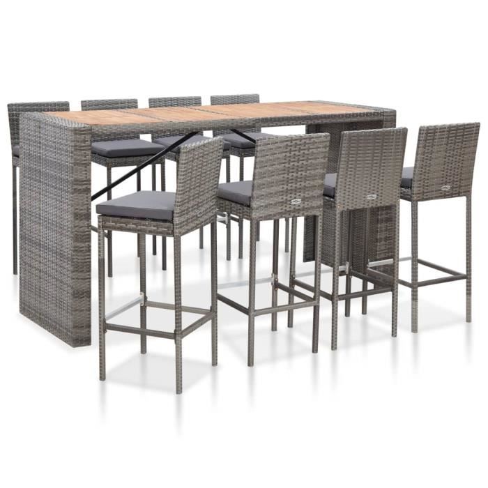 Ensemble Table de bar + 8 tabourets bar - Ensemble de bar Mange-Debout - Résine tressée et bois d'acacia Gris