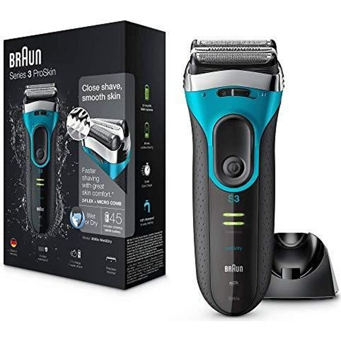 Braun Series 3 ProSkin 3080s Rasoir Électrique Homme Barbe, Noir-Bleu - Rasoir Électrique Rechargeable + Base De Recharg 3080