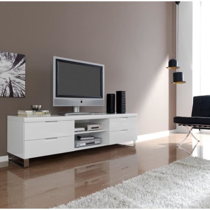 Meuble TV POLO 4 tiroirs et 1 étagère en bois laqué blanc brillant - L 180 x l 45 x H 55