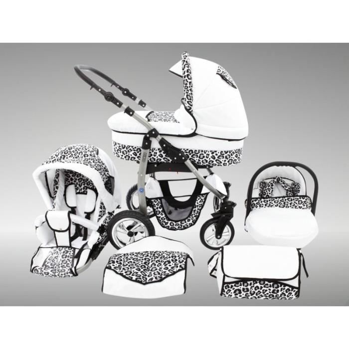 Dino Poussette Trio Nacelle Poussette Canne Siège auto Chancelière Accessoires 32 blanc & léopard de neige