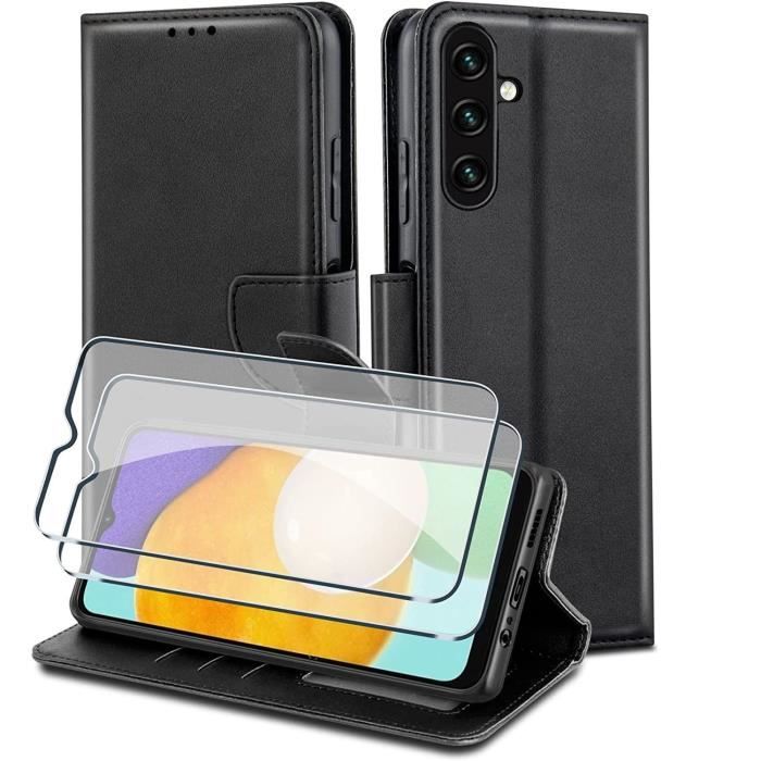 Coque Pour GALAXY A13 5G + 2 vitres verre trempé Porte Carte, Coque Effet Cuir Fermeture Magnétique Noir