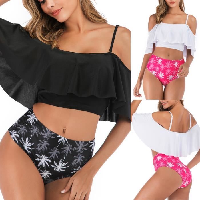 Femmesux Pièces s Top volantée avec taille haute Bas Bikini Noir MAILLOT DE BAIN DE NATATION