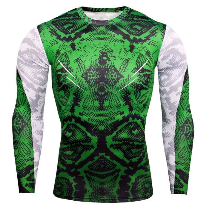 Combinaison de Compression Pour Homme Séchage Ultra Rapide Tee Shirt À Manche Longue De Running Fitness Gym Tops,Vert
