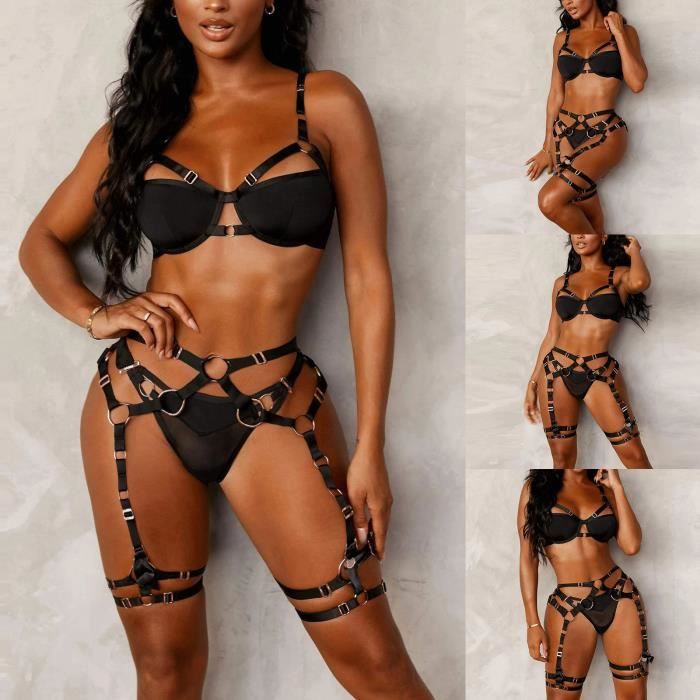 Soutien-Gorge Dames Dentelle Soutien En Acier Porte-Jarretelles Cosplay Ensemble 3 Pièces De Lingerie Sexy Sauvage Noir S