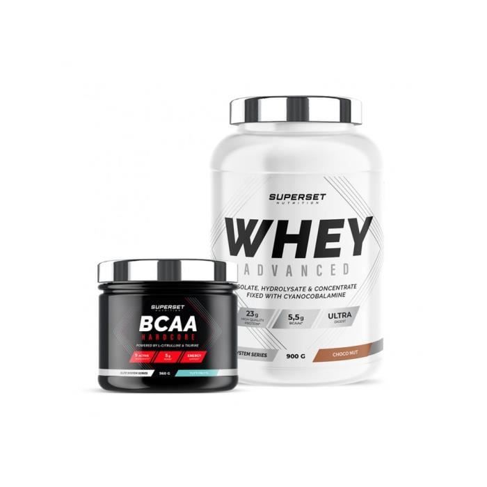 Programme Galbe Musculaire - 100% Whey Proteine Advanced 900g Choco Nut - BCAA Hardcore Tutti Frutti