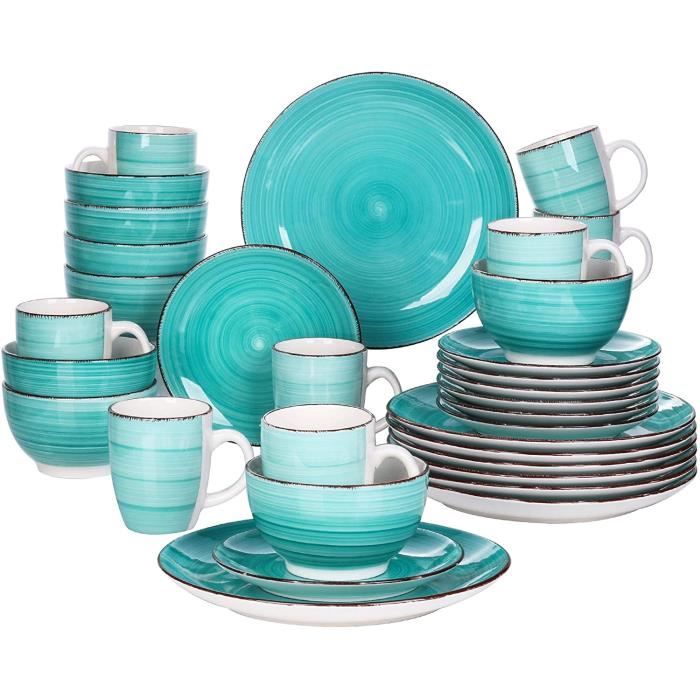 vancasso, Série Bella, Service de Table en Porcelaine,Faïence Style Vintage Rustique,Motif Cercle Arbre-vert 32pcs