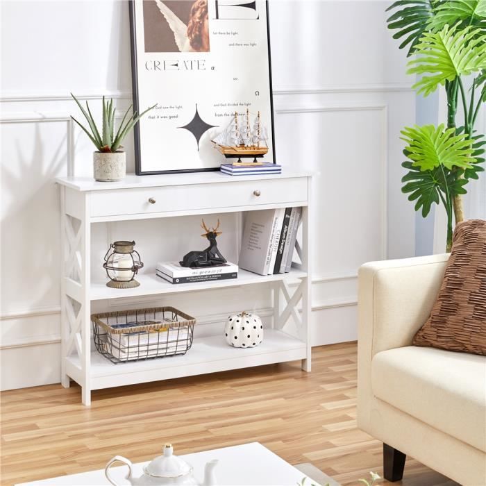 Table Console Blanc - Yaheetech - Console Entrée en Bois - 3 Niveau avec 1 Tiroir - Pied en Bois Massif - 100 x 30 x 80 cm