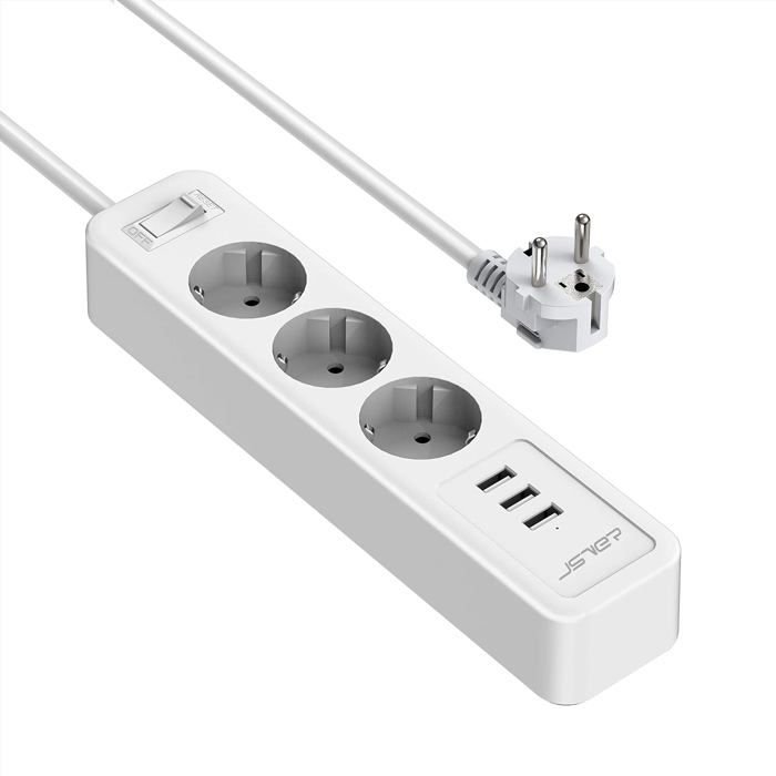 Multiprise JSVER 3 Prises + 3 Ports USB, Interrupteur, Câble 2M, 3680W 16A, Protection Enfants
