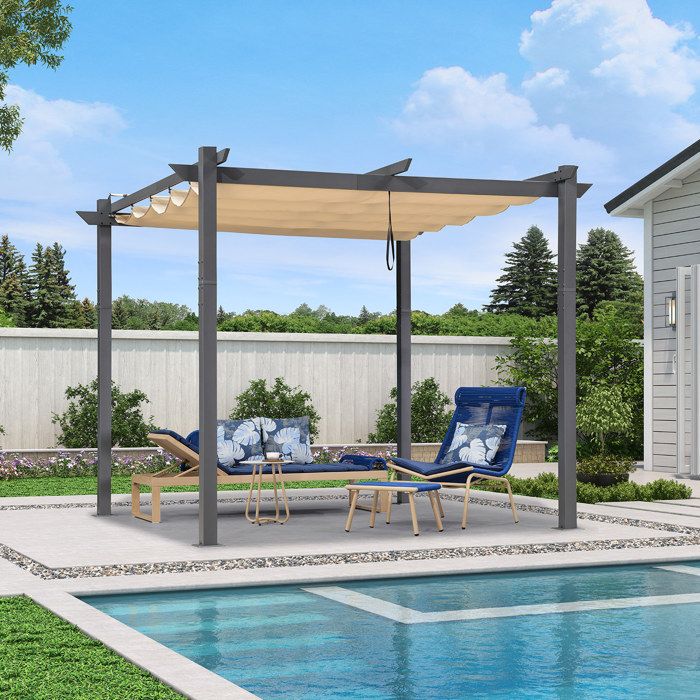 Pergola Aluminium 3 x 3 m Tissu Teint en Fil Pergola pour Terrasse Extérieur Toit Coulissante PURPLE LEAF