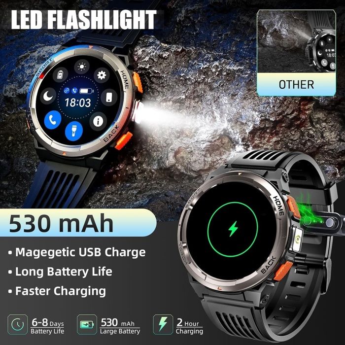 Montre intelligente - EIGIIS - KE5 - Noir orange - Résistance militaire - Lampe de poche LED