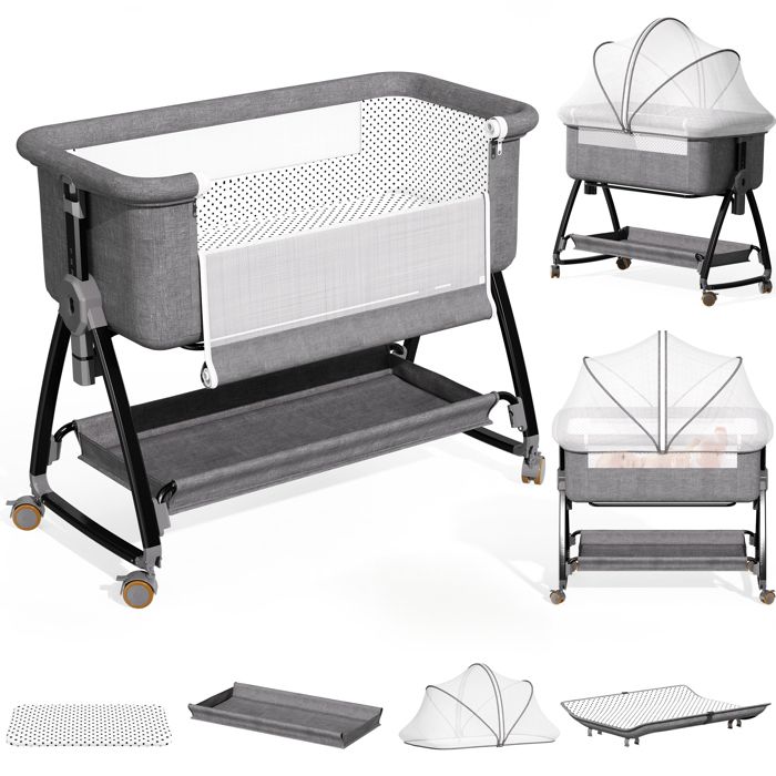 Lit Cododo BébéAvec Matelas et Moustiquaire Table à LangerMode Balancelle et Inclinaison6 Hauteur RéglablePour 0-18 Mois - Gris