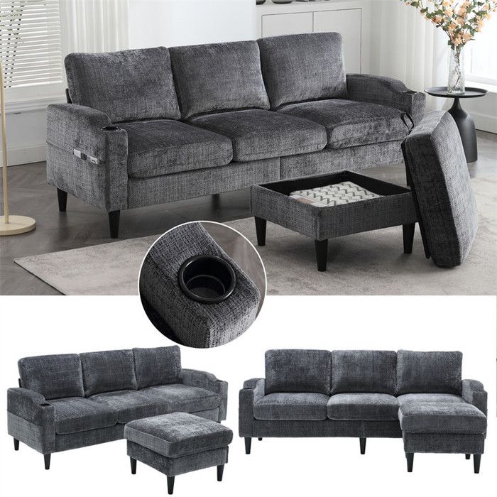 DRIPEX Canapé dangle Moderne 3 Places avec pouf de rangementCanapé en Chenille avec porte-gobeletspoches latéralesGris