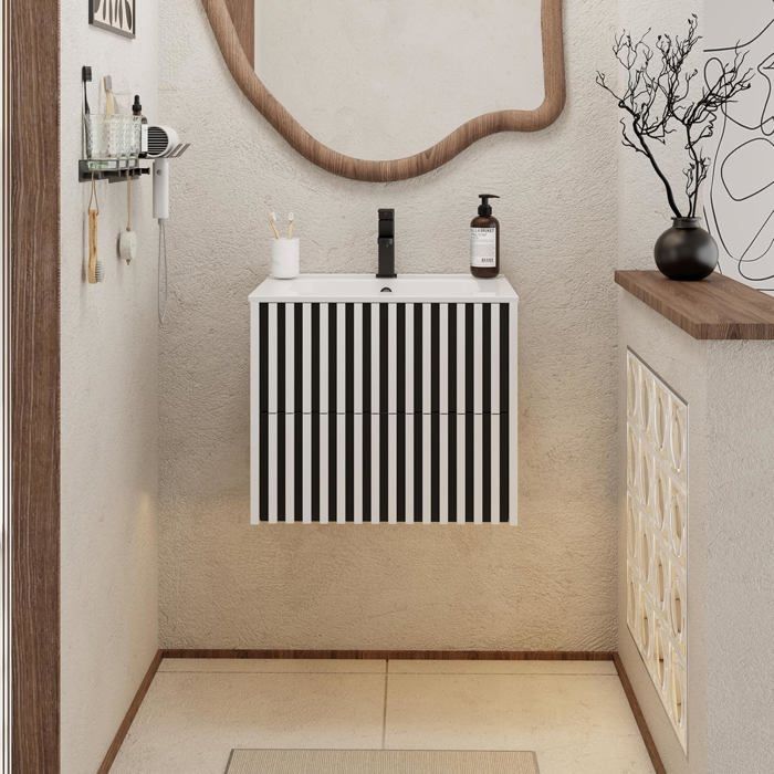 GOOBUY Meuble Salle de Bain 60cm Meuble Suspendu avec Lavabo en Céramique Poignée Cachée Motif de Ligne 60 x 45 x 50cm Blanc