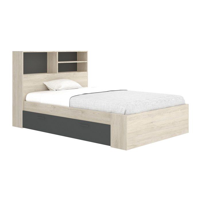 Lit 120 x 190 cm avec rangements - Coloris : Naturel et anthracite - VARDIEL