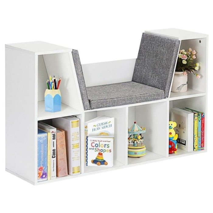 GINGER HOME – Bibliothèque enfant 3-en-1 avec banc 6 casiers + 2 étagères coussins blanc 112×28×61 cm
