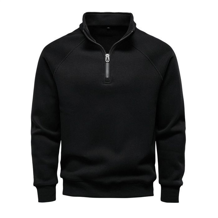 Pull Homme Col à Fermeture Éclair Doublé Polaire Pullover en Tricot Manches Longues Couleur Unie