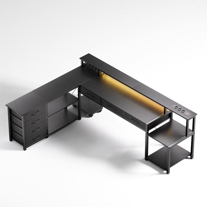 Bureau dordinateur en L avec 7 compartiments de rangement et 4 étagères prises de courant et ports USB intégrés noir