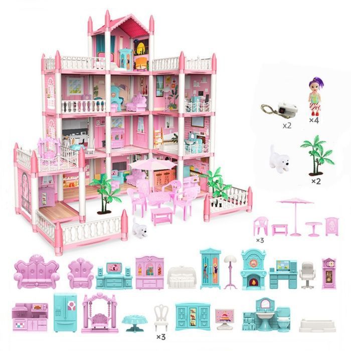Maisons de Poupées pour Filles avec Meubles et Aménagements 11 Chambres 4 Personnages 4 Étages Lumières Cadeau DIY pour