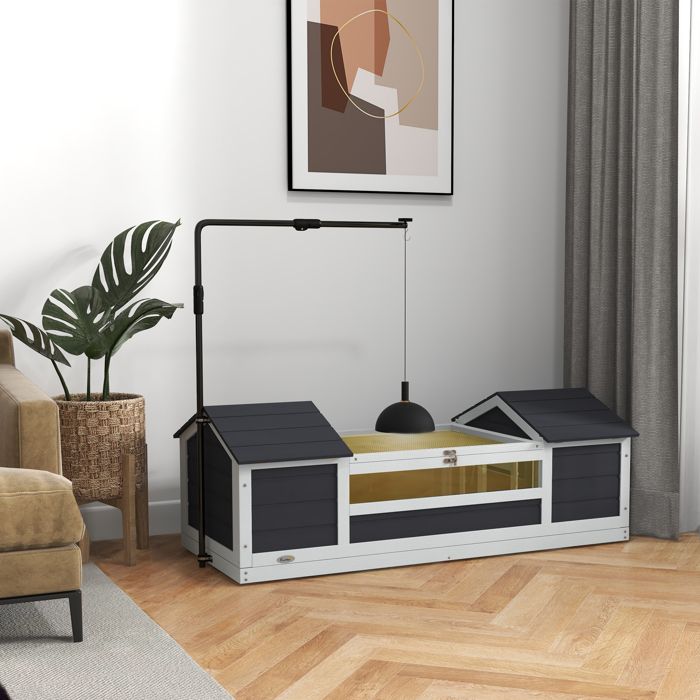 Maison tortue terrestre extérieure enclos tortue 2 niches support de lampe réglable bois massif 120 x 565 x 43 cm gris