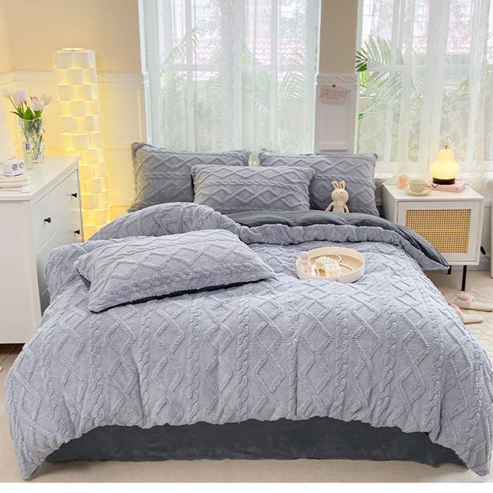 Housse de Couette Flanelle 220x240 cm Parure de Lit en Polaire Chaud Hiver Comprend un drap et 2 taies doreiller Gris