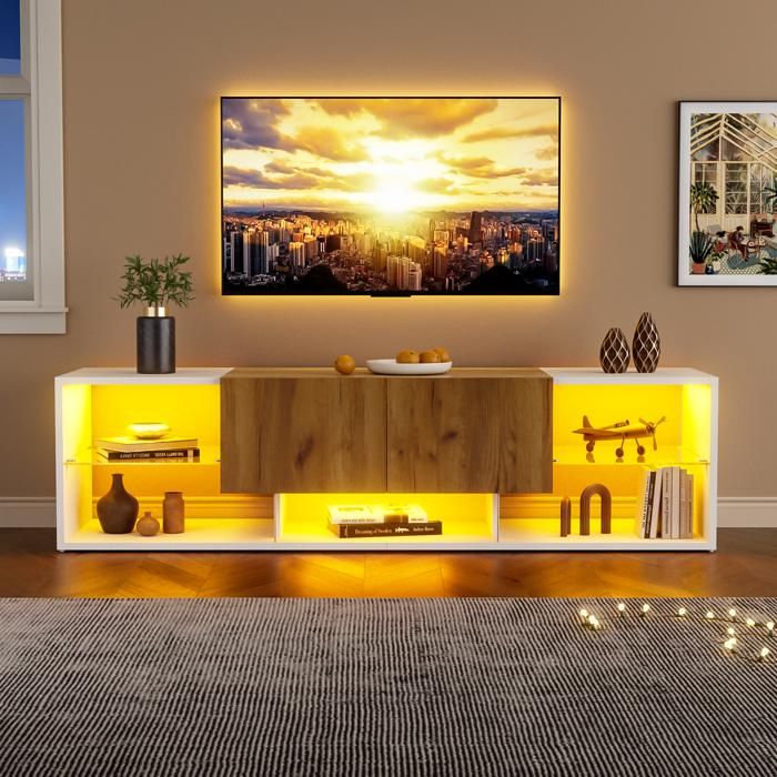 Meuble TV 160 cm - Étagères en Verre et LED - Console Télévision - 3 Niveaux - 2 Tiroirs pour Salon - Blanc Meuble TV 160 cm - Étagères en Verre et LED - Console Télévision - 3 Niveaux - 2 Tiroirs pour Salon - Blanc