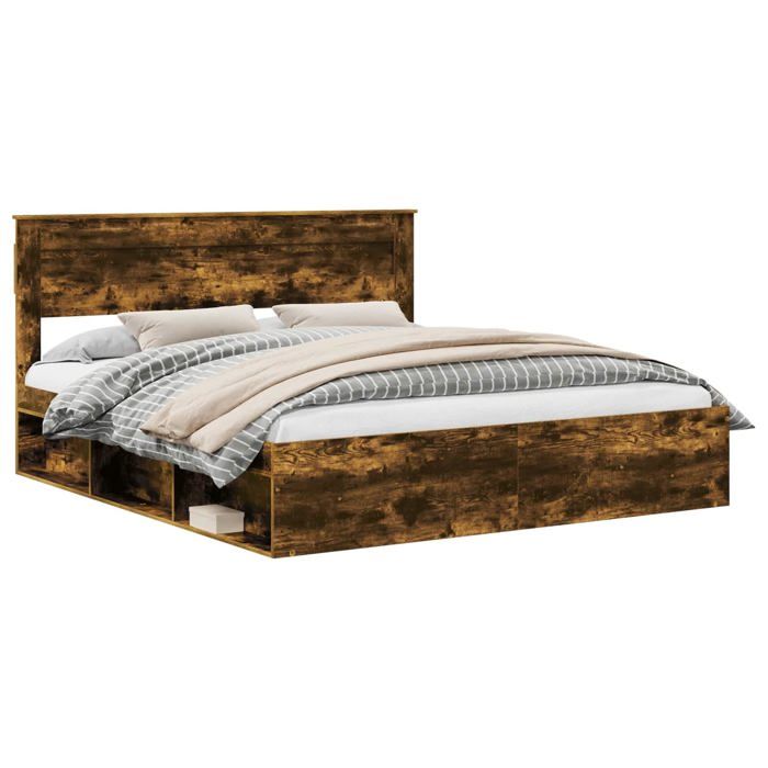 Cadre de lit en pin massif - vidaXL - Chêne fumé - 180x200 cm - 210x183x100 cm - Super king - Base à lattes