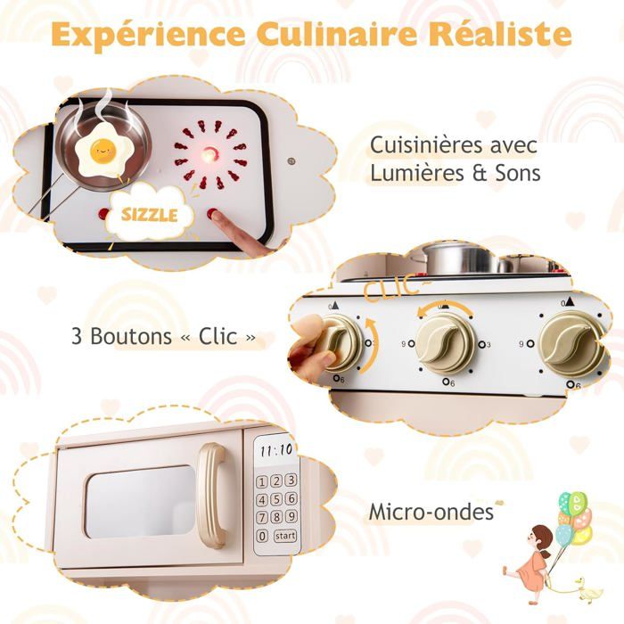 GOPLUS Cuisine en Bois Enfant, Cuisine d'angle avec Tableau Noir, Hotte, Micro-Ondes, Four, Effets Lumineux et Sonores, Accessoires Riches, Jouet d'Imitation pour Enfant 3+ Ans (Café