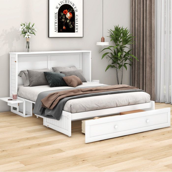 Lit escamotable adulte 140x200 cm adulte avec tiroir et étagères latérales structure stable pin blanc