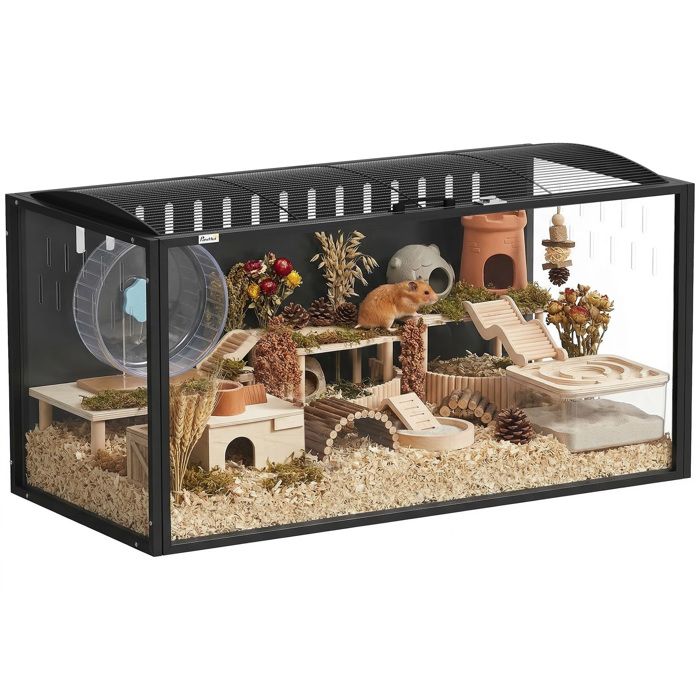 Meilleurs prix pour Cage à hamster - habitat pour rongeur - PawHut - acier et acrylique transparent vue panoramique et toit ouvrant - 105x51x53cm - noir