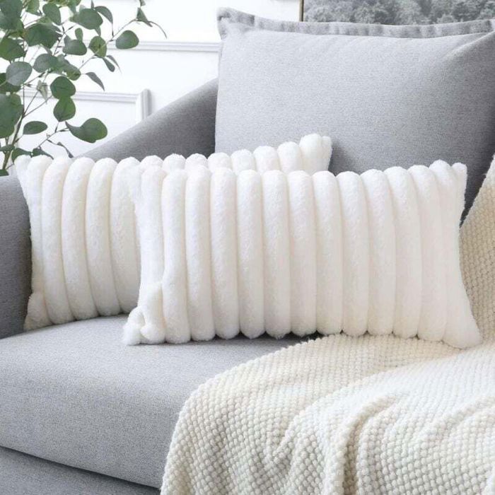 Taies doreiller en velours peluche - PZCC - Lot de 2 - 30x50 cm - Beige blanc - Fermeture à glissière dissimulée